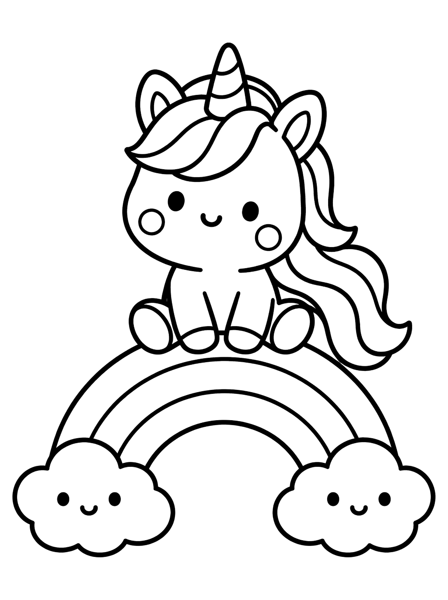 両はしににこにこ雲がついた虹の上にすわる、笑顔のユニコーンの塗り絵