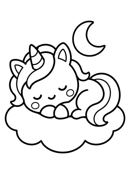 三日月の下、ふわふわの雲の上でまるくなって眠る赤ちゃんユニコーンの塗り絵