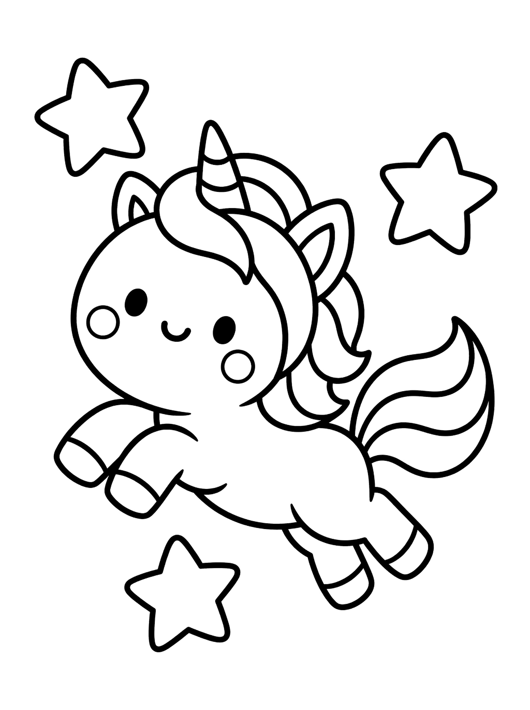 3つの大きな星にかこまれて、元気にジャンプするユニコーンの塗り絵