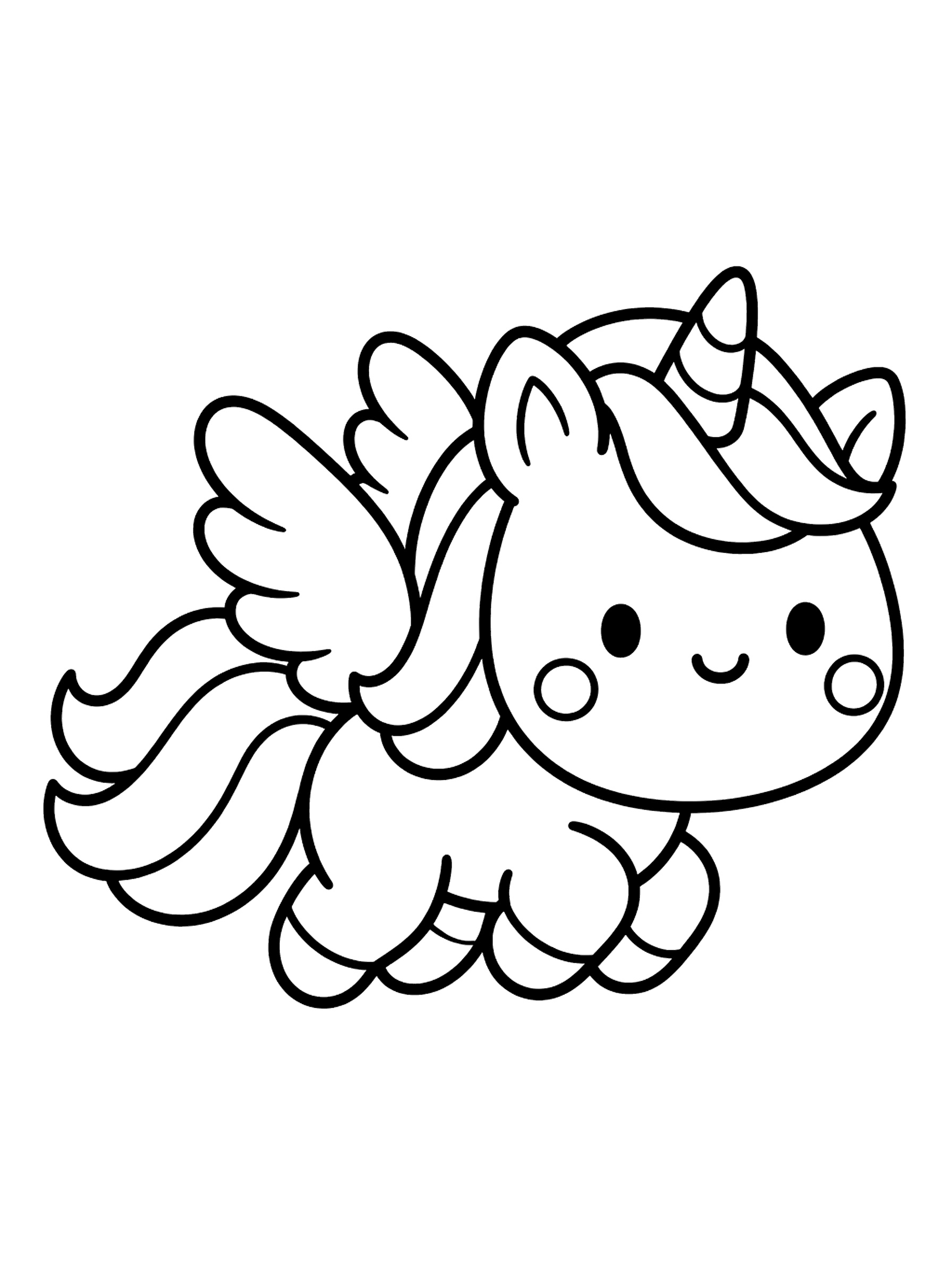 羽根のつばさを広げ、ひづめをたたんで空を飛ぶぽっちゃりユニコーンの塗り絵