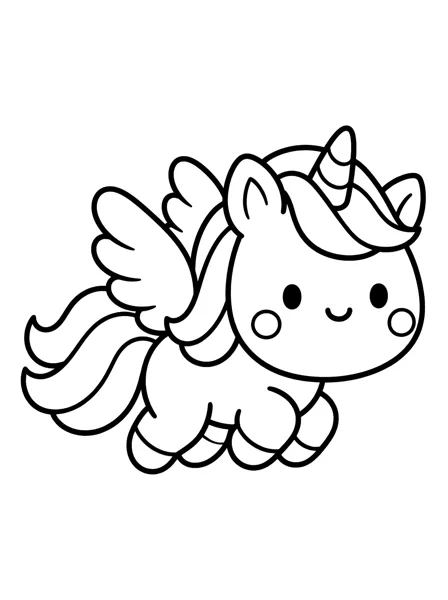 羽根のつばさを広げ、ひづめをたたんで空を飛ぶぽっちゃりユニコーンの塗り絵