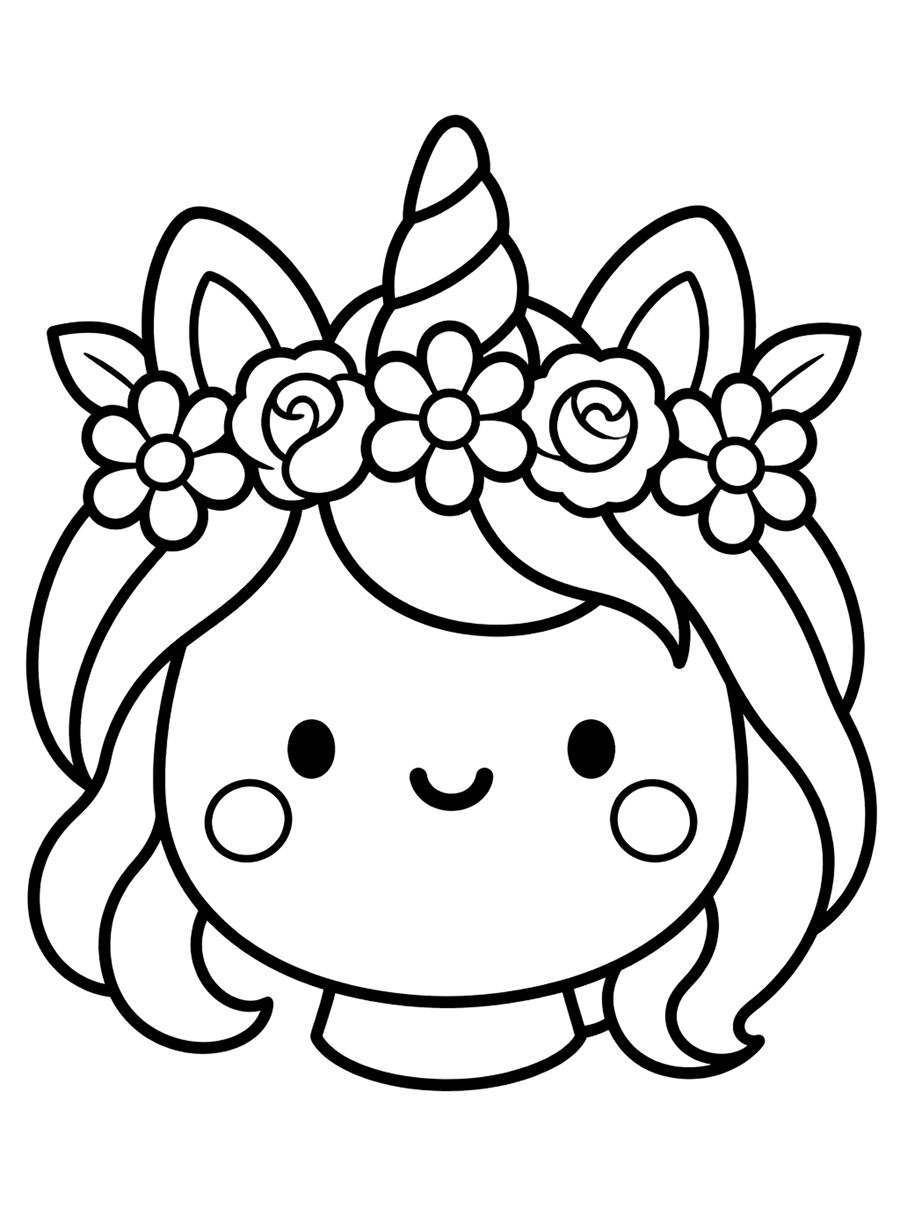 長いウェーブのたてがみに、デイジーとバラの花かんむりをのせた大きなユニコーンの顔の塗り絵