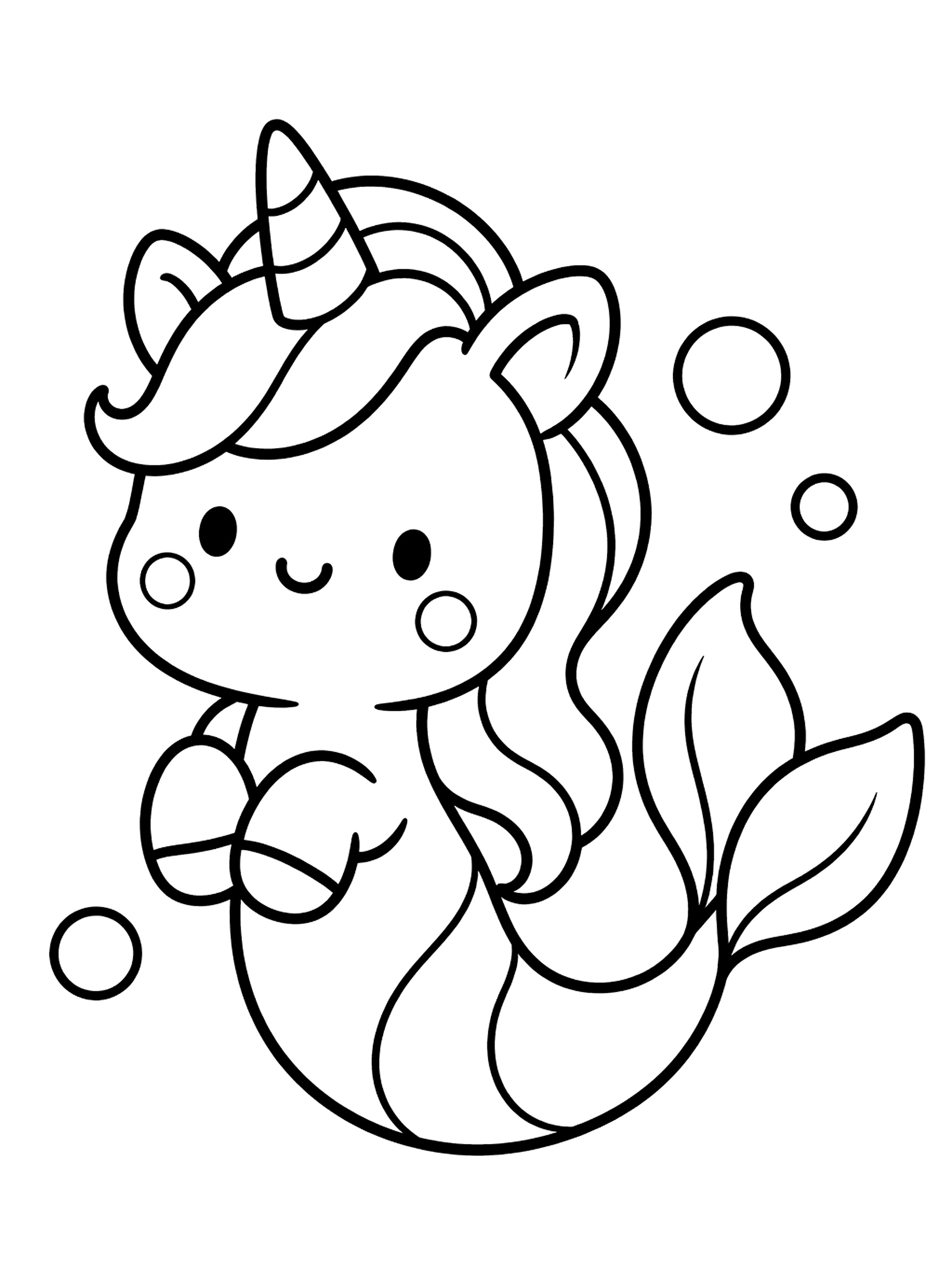 しまもようのくるんとした魚のしっぽと、ぷかぷか泡のマーメイドユニコーンの塗り絵