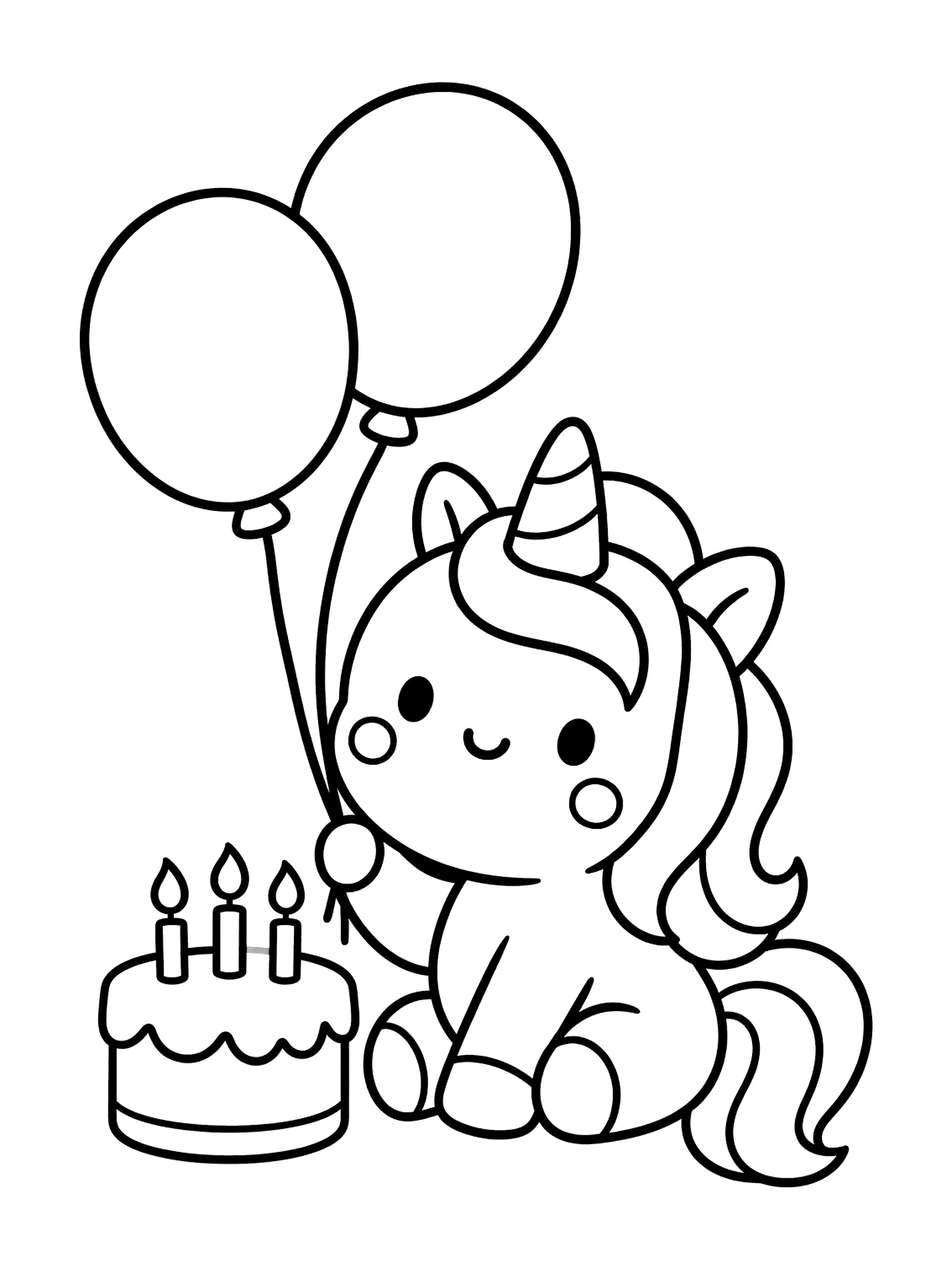 ふうせんを2つ持って、ろうそく3本の小さなケーキのそばにすわる誕生日ユニコーンの塗り絵