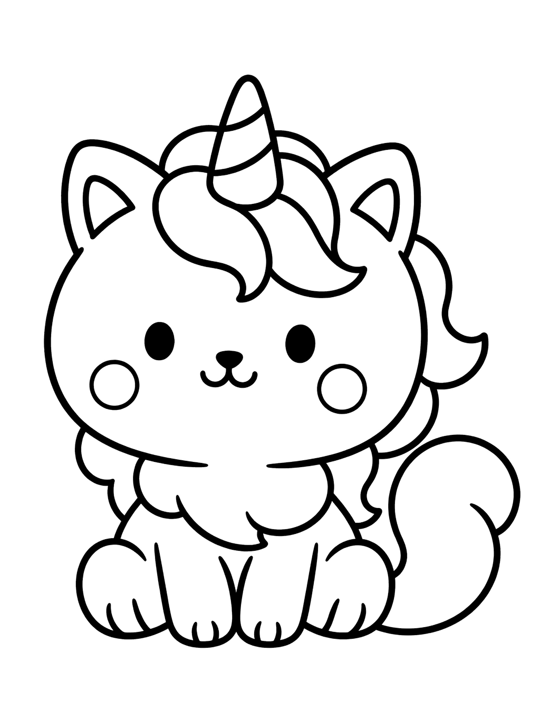 ユニコーンの角とウェーブのたてがみ、ふさふさしっぽのふわふわネコユニコーンの塗り絵